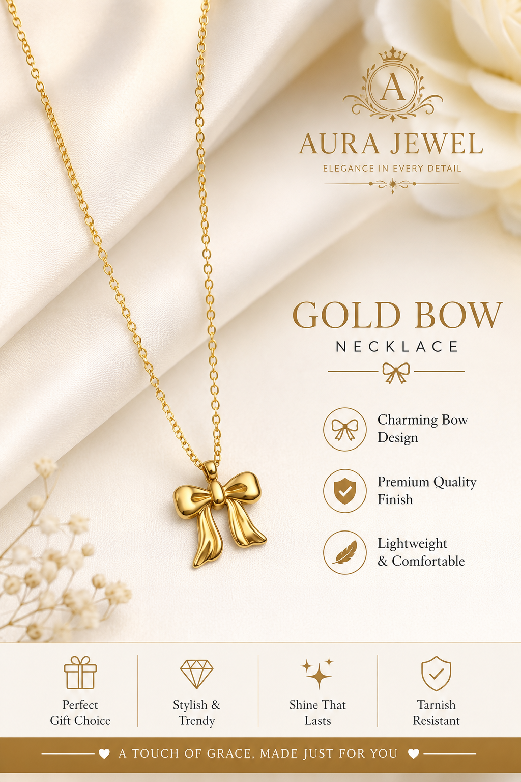 Shiny Bow Gold Necklace
