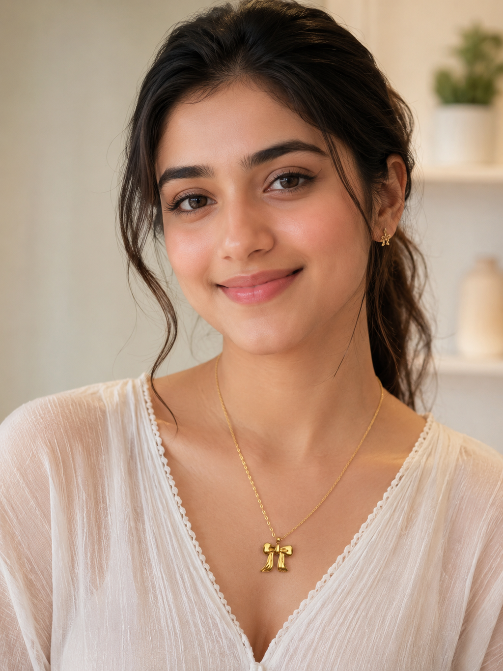 Shiny Bow Gold Necklace