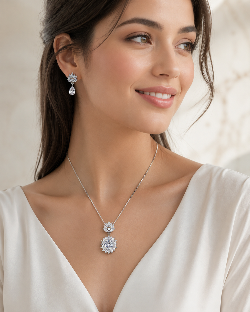 Elegant S925 Silver Crystal Necklace & Earrings Set