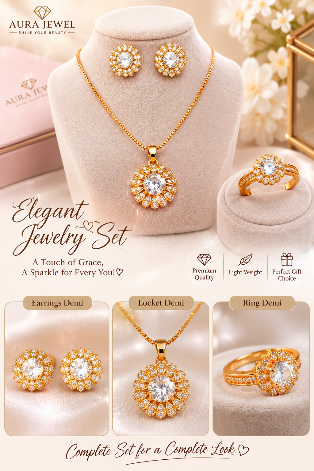 Royal Floral Golden & Crystal 3-Piece Set