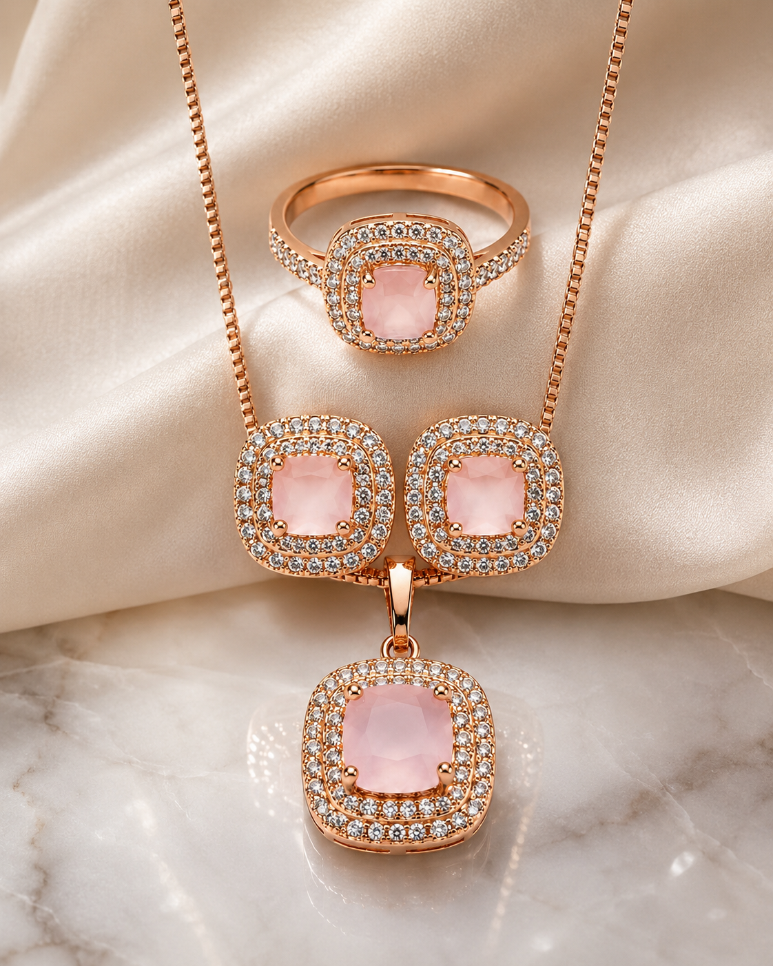 Luxury Rose Gold Pink Crystal Jewelry Set for Women