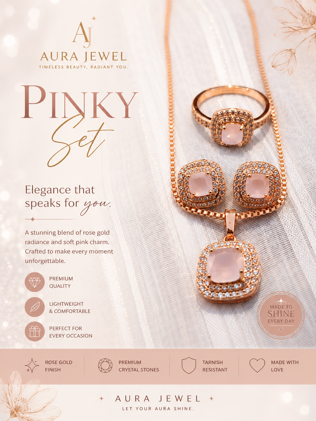 Luxury Rose Gold Pink Crystal Jewelry Set for Women